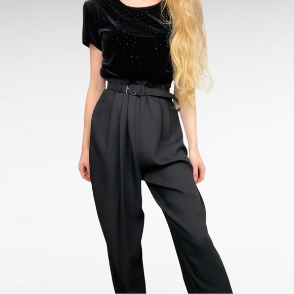 VINTAGE | 1980’s JR Nites by Caliendo Black Beaded Velvet Belted Retro Jumpsuit - Picture 5 of 12
